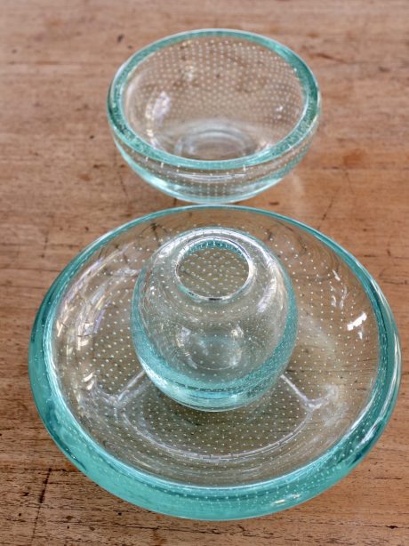 Trio of Val St Lambert aqua crystal bubble vase and bowls