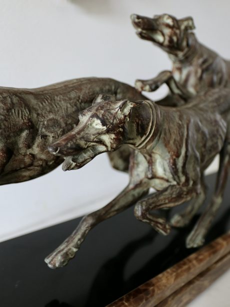 Art Deco Spelter Greyhounds on Marble and Onyx Base, Gilquart c.1920-30