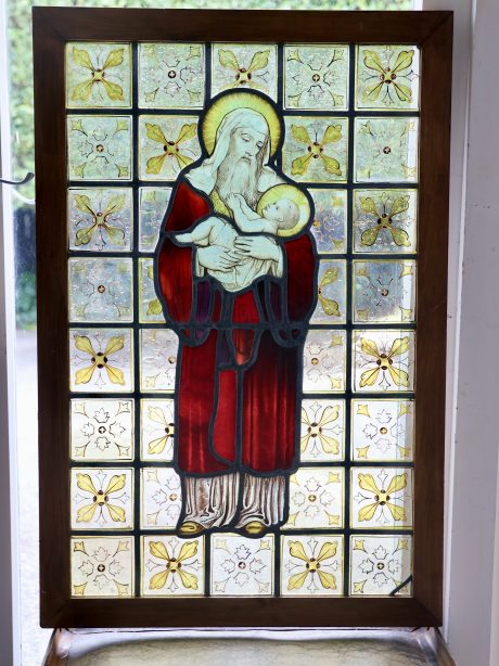 Antique English stained glass religious window panel