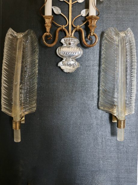 Pair of mid century feather wall glass sconces