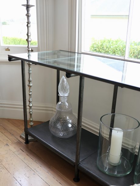 1950s industrial console table with glass top