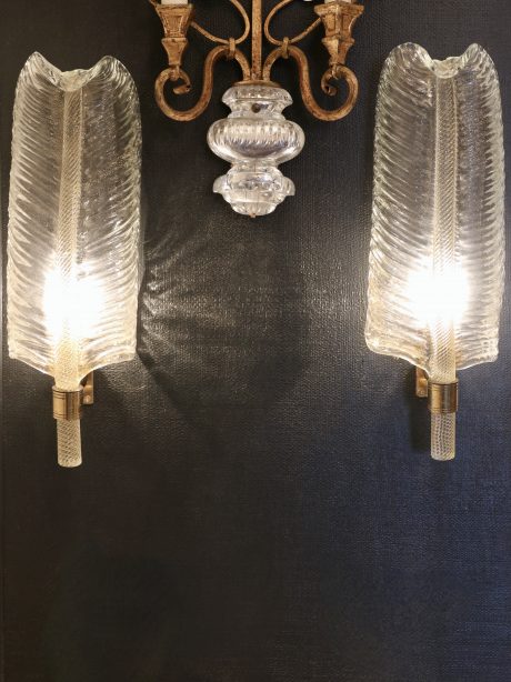 Pair of mid century feather wall glass sconces