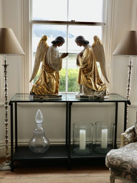 1950s industrial console table with glass top