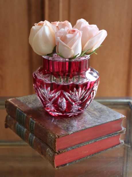 Val St Lambert Pique-fleurs cranberry crystal vase c.1920