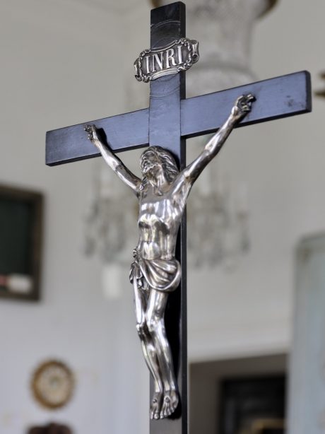 Antique ebonised crucifix with silver plated Corpus Christi