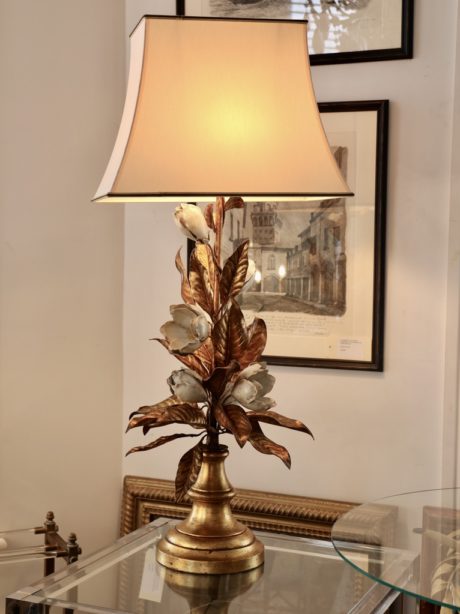 Mid-century Italian gilt tole and cream rose table lamp
