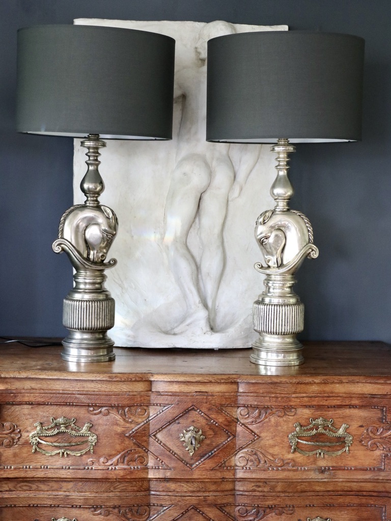 Pair of silverplate Deknudt Horse Lamps c.1970