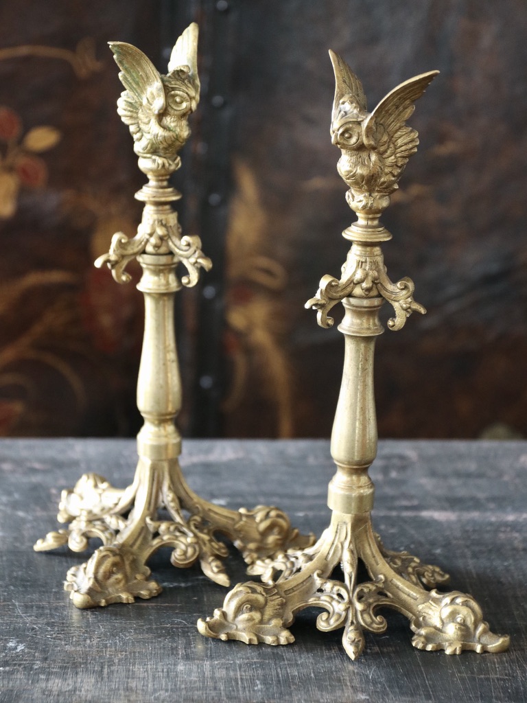 Pair of bronze owl candlesticks