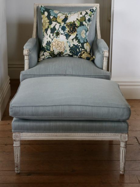 Antique Louis XVI style armchair and stool